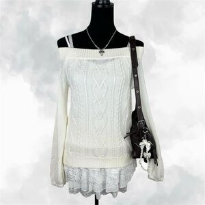 Soho Ny&Co Jeans Cream Off The Shoulder Knit Cozy Sweater